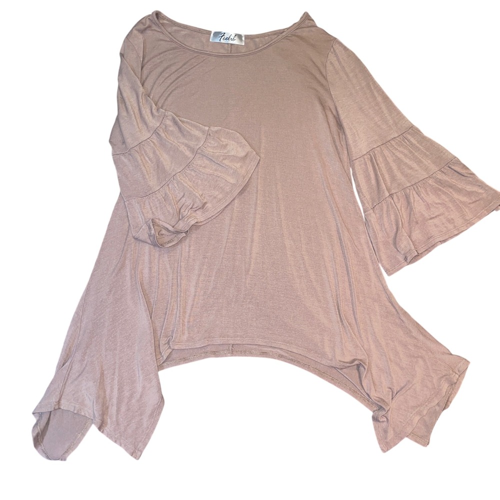 Feelib Beige Ruffle Bell Sleeve Boho Blouse Casual Flowy Tunic Top 3/4 Sleeve - Picture 2 of 7